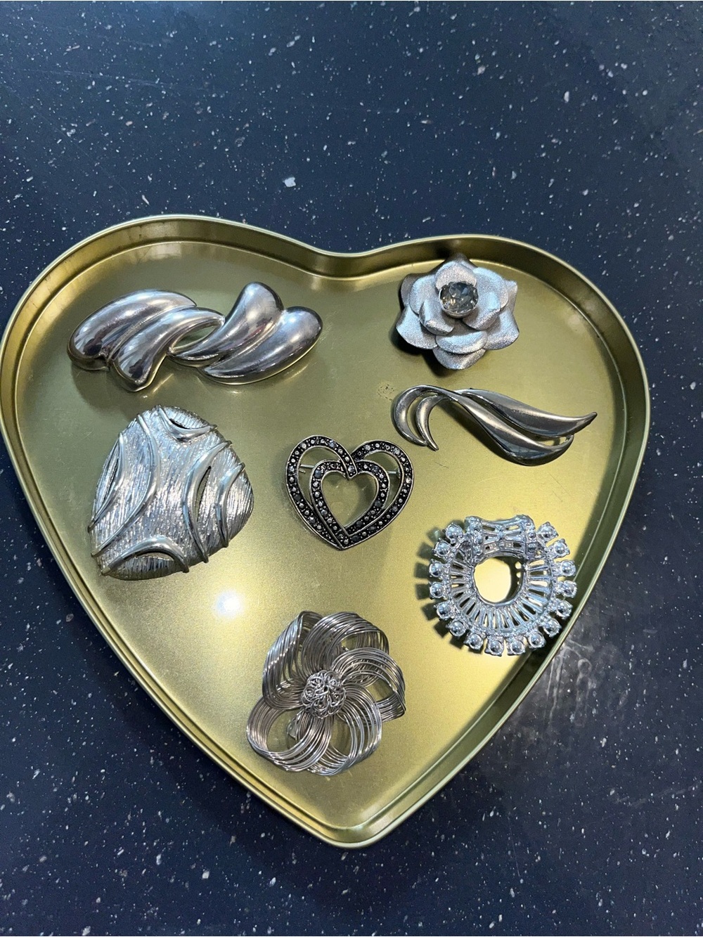 Silver Tone Floral and Heart Brooch Set